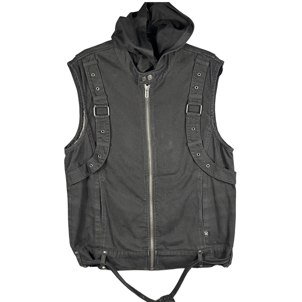 Royal Bones Hooded Vest Mens Large Black Punk Goth Buckle Strap THG Patch